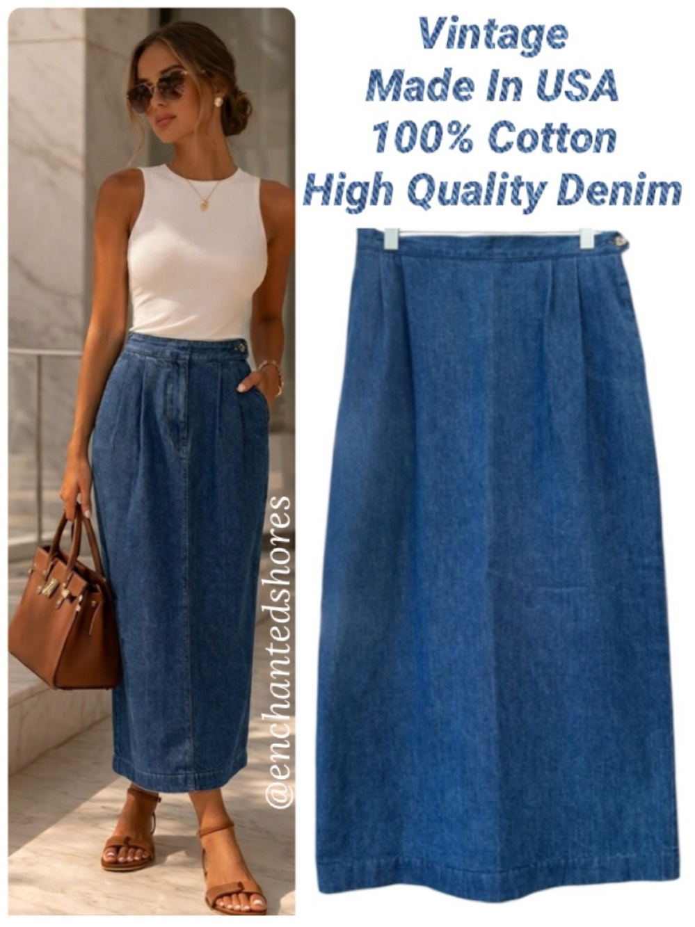Talbots Vintage 90s Denim Skirt USA Made Retro High Waist Pleated Cotton Size 10 - Picture 3 of 14